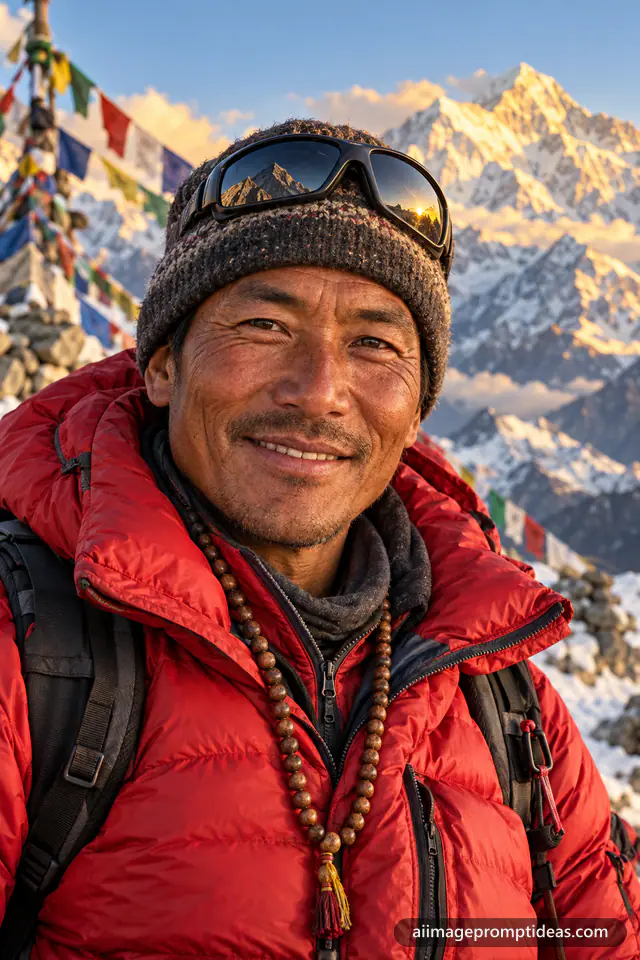 Smiling Sherpa guide in a red down jacket with snowy Himalayan peaks and prayer flags behind, AI generated