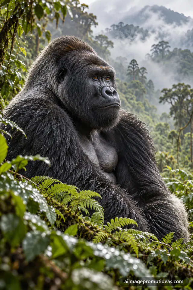 Silverback gorilla sitting in a misty rainforest, AI generated