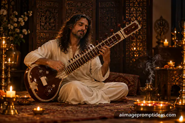 Musician in a white kurta playing the sitar with eyes closed surrounded by candles and oil lamps, AI generated
