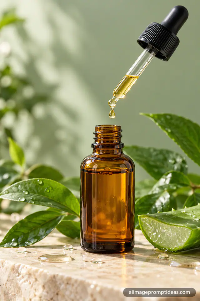 Amber serum dropper bottle with a falling drop among green leaves and aloe on stone, AI generated