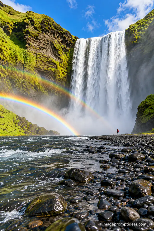 Massive Skogafoss waterfall with a double rainbow in the spray and a tiny hiker, AI generated