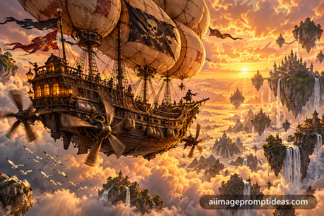 Wooden pirate ship with balloon sails flying through golden sunset clouds near floating islands, AI generated