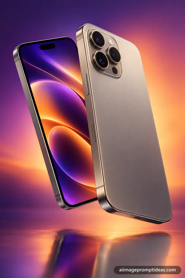 Sleek smartphone with a triple camera floating on a purple to orange gradient background, AI generated