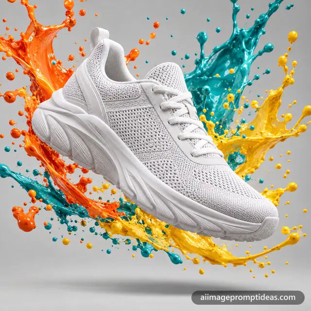 White running sneaker floating mid-air with orange, teal and yellow paint splashes, AI generated