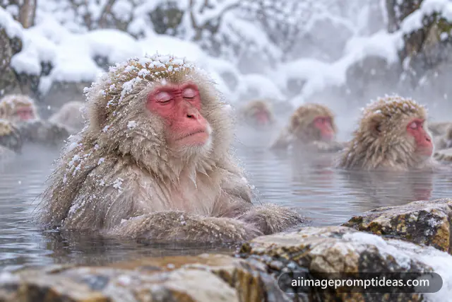 Snow monkey with eyes closed relaxing in a steaming hot spring surrounded by snow, AI generated