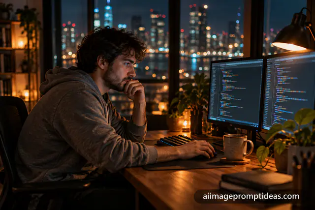 Developer in a grey hoodie coding late at night at a desk with two monitors and city lights, AI generated