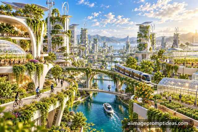 Solarpunk future city with plant-covered towers, solar panels, canals and a tram in morning sun, AI generated