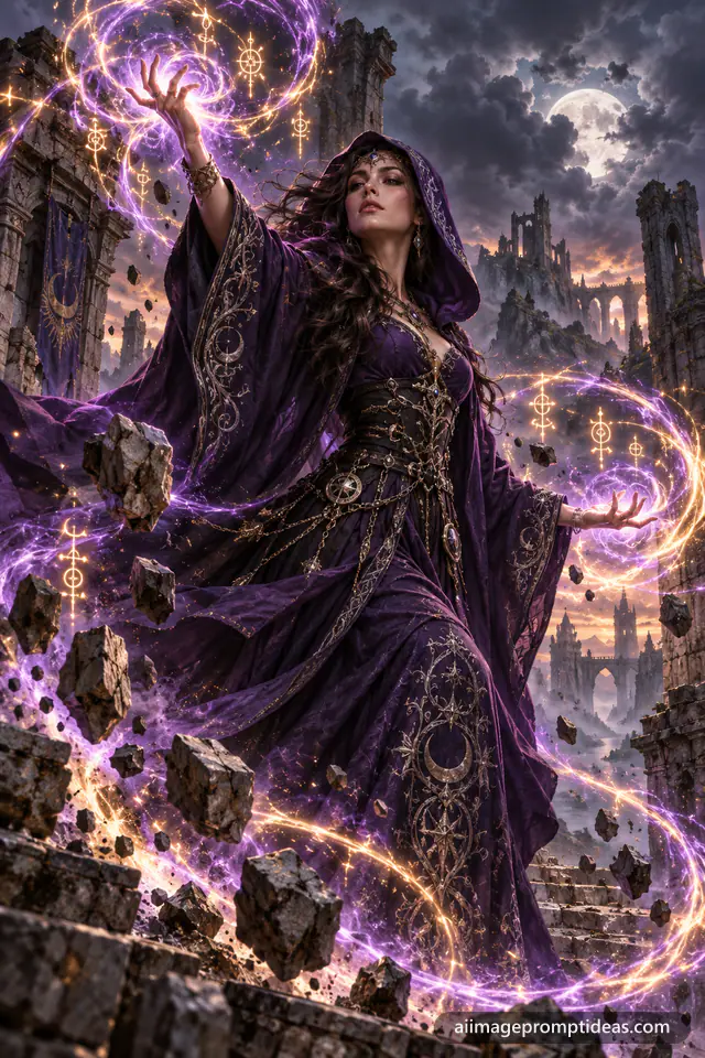 Sorceress in a purple cloak casting swirling violet magic among ancient ruins at dusk, AI generated