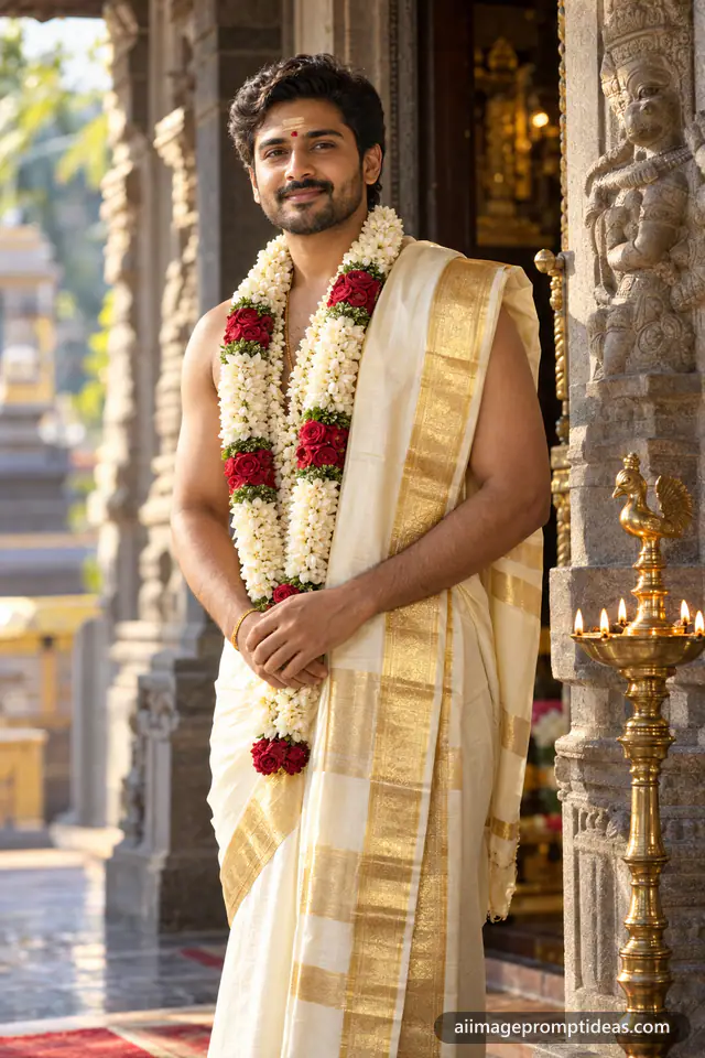 South Indian groom in a cream silk veshti with a jasmine garland at a carved temple entrance, AI generated