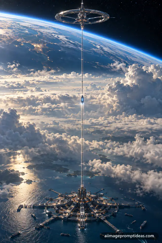 Space elevator cable rising from an ocean platform through clouds to an orbital station, AI generated