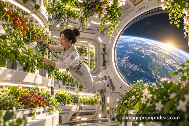 Lush greenhouse inside a space station with an astronaut gardener and Earth in a big window, AI generated