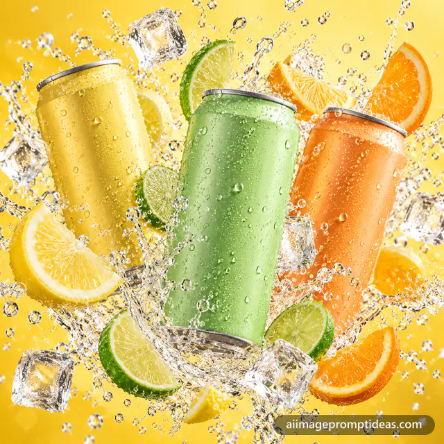 Three pastel drink cans floating in a sparkling citrus water splash, AI generated