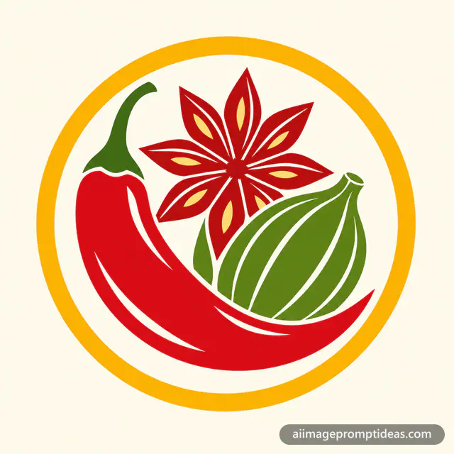 Flat vector logo of a chilli, cardamom and star anise for a spice brand, AI generated
