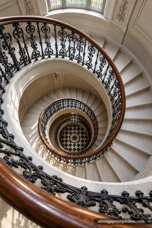 Spiral staircase seen from above forming a perfect swirl, AI generated