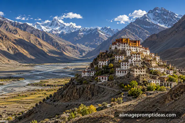 Key Monastery stacked on a hill in Spiti Valley with barren mountains and blue sky, AI generated
