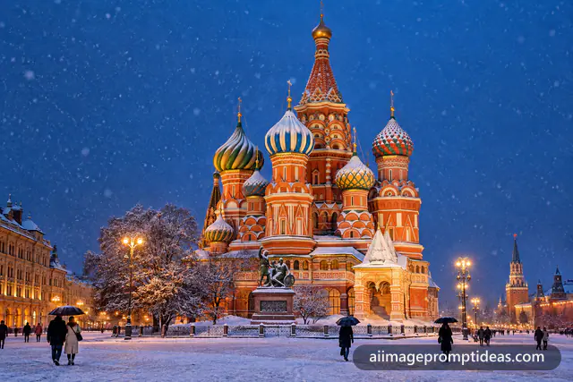 St. Basil's Cathedral with colorful onion domes in snowfall at dusk, AI generated