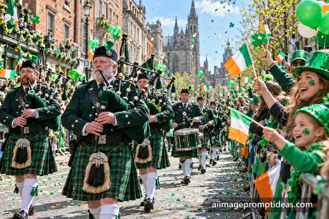 St. Patrick's Day parade with bagpipers and people dressed in green, AI generated