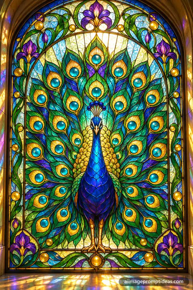Stained glass window of a peacock with a fanned tail in glowing sapphire, emerald and gold glass, AI generated