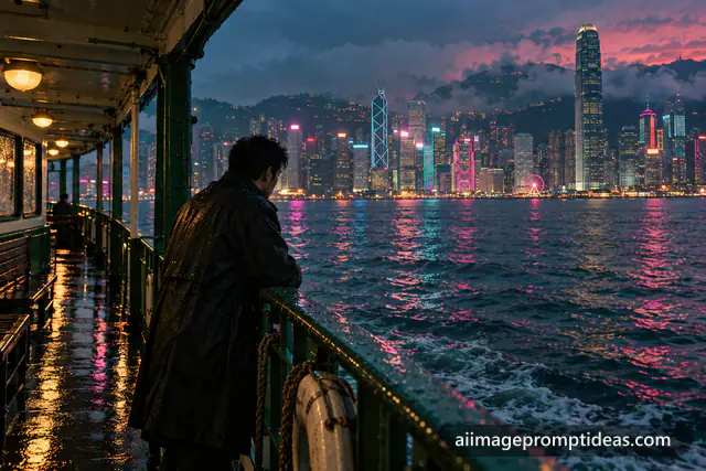 Man on a vintage ferry crossing Victoria Harbour with Hong Kong skyline at dusk, AI generated