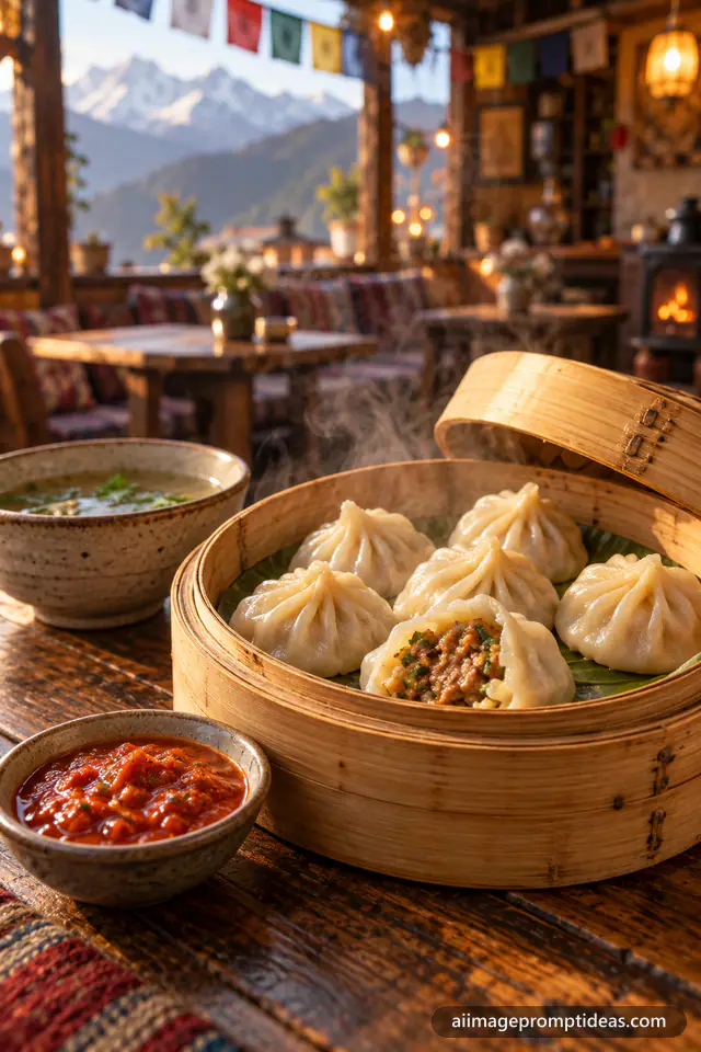 Steamed momos in a bamboo basket with red chutney and steam in a cozy cafe, AI generated