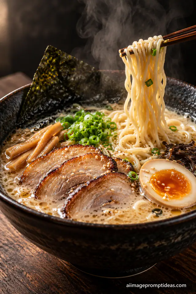 Steaming bowl of ramen with a soft egg, chashu, nori and noodles lifted by chopsticks, AI generated
