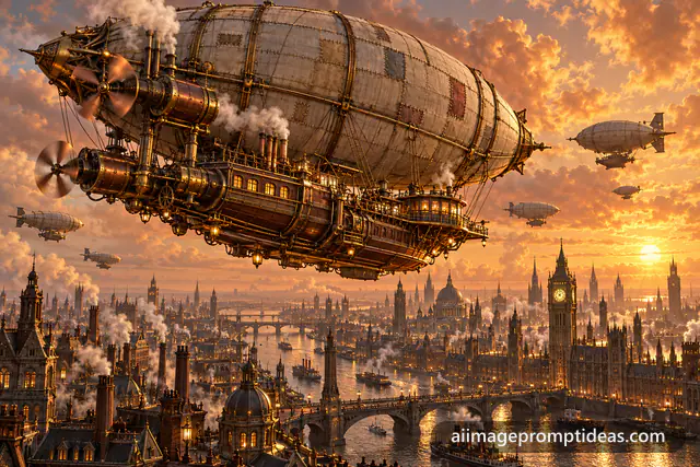 Brass steampunk airship with propellers floating over a Victorian city at golden sunset, AI generated