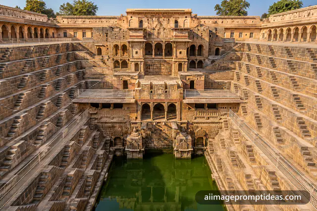 Symmetrical zigzag stone steps of the Chand Baori stepwell descending to green water, AI generated