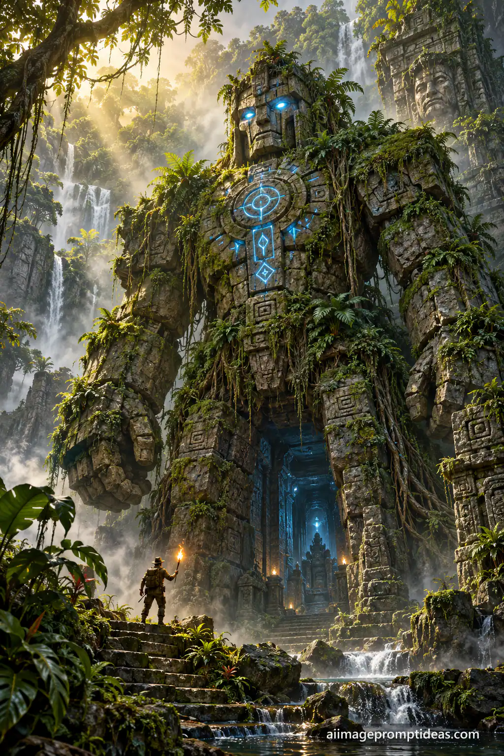 Giant moss-covered stone golem with glowing runes guarding ancient jungle ruins, AI generated
