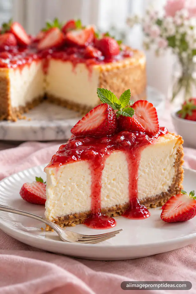 Slice of strawberry cheesecake with dripping glossy sauce and fresh berries on a white plate, AI generated