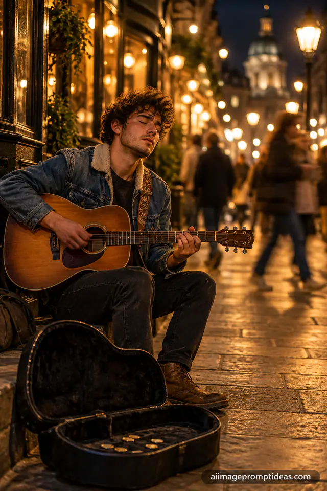 Young man in a denim jacket playing acoustic guitar on a city street at night with bokeh lights, AI generated