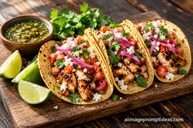 Three street tacos with grilled chicken, pickled onions, cilantro and lime on a wooden board, AI generated