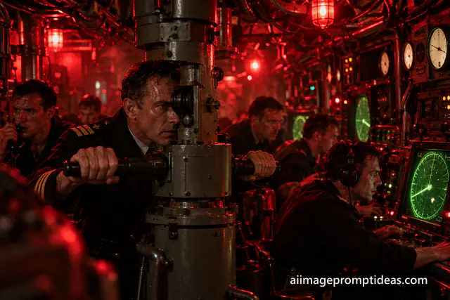 Submarine crew in a control room lit by red alert light, AI generated