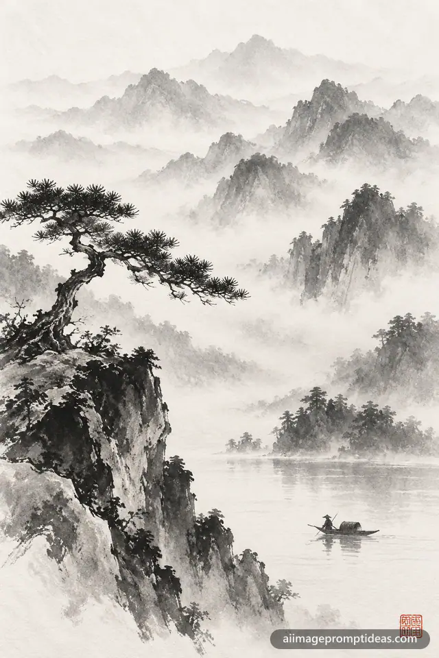 Minimalist sumi-e ink wash painting of misty mountains, a pine tree and a tiny boat, AI generated