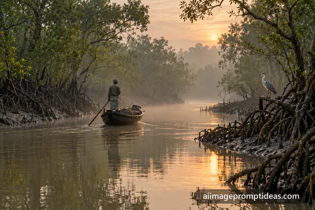 Wooden boat gliding through a misty mangrove channel in the Sundarbans at dawn, AI generated