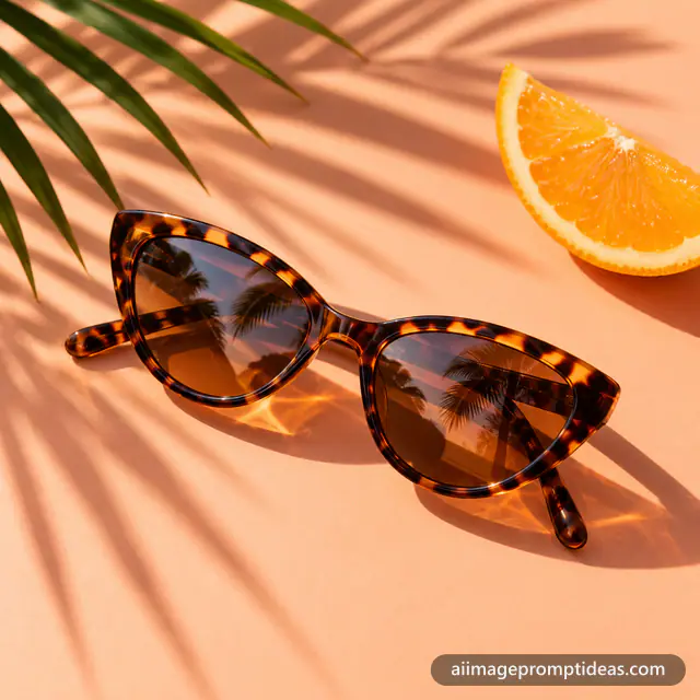 Tortoiseshell sunglasses on a pastel peach surface with hard summer shadows and an orange slice, AI generated