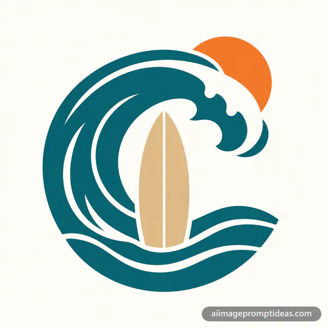Flat vector surf shop logo with a curling wave and surfboard, AI generated