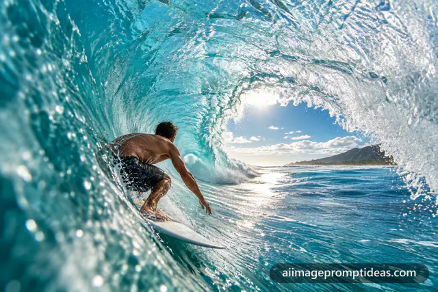 Surfer crouched inside a curling turquoise wave barrel with sunlight through the water, AI generated