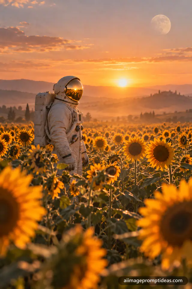 Astronaut in a white suit standing in a vast sunflower field at golden hour, AI generated