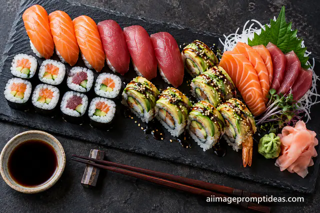 Top-down sushi platter with nigiri, maki and sashimi on a black slate with chopsticks, AI generated