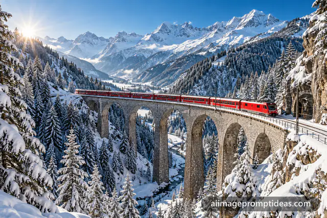 Red train crossing a curved stone viaduct above a snowy valley in the Swiss Alps, AI generated