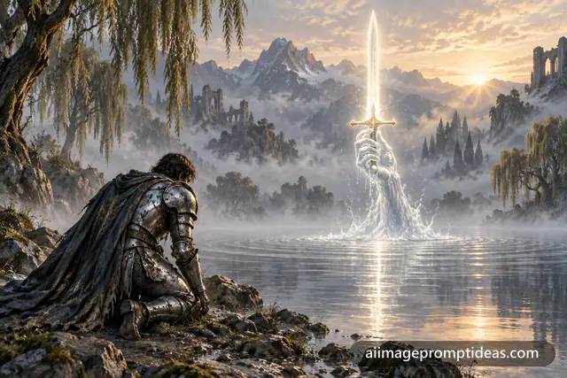 Knight kneeling as a glowing sword rises from a misty lake, AI generated