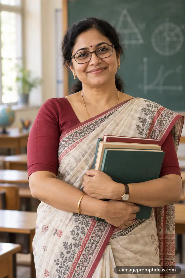 Smiling teacher in a saree holding books in front of a chalkboard in a classroom, AI generated