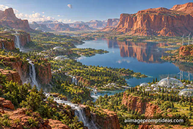 Terraformed Mars with green valleys, a blue lake, red cliffs and glass-domed towns, AI generated