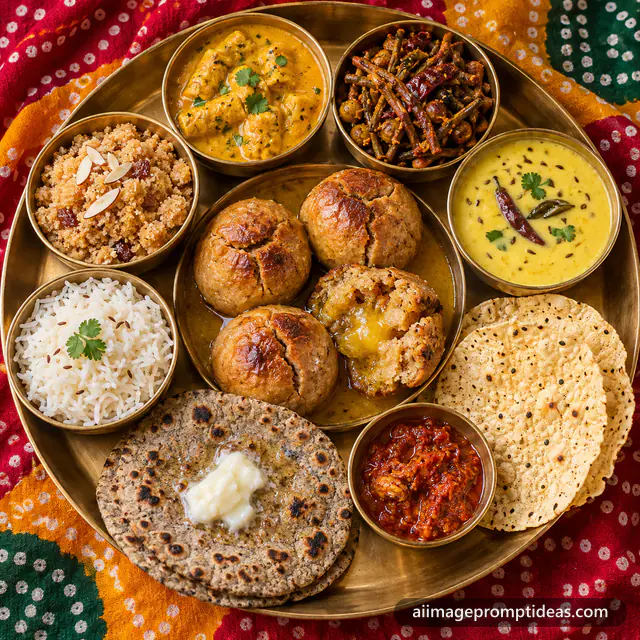 Top view of a Rajasthani thali with dal baati churma, gatte and bajra roti on a brass plate, AI generated