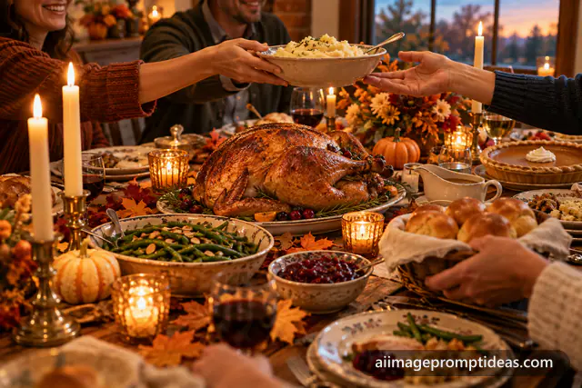 Thanksgiving dinner table with roast turkey, pies, candles and autumn leaves, AI generated