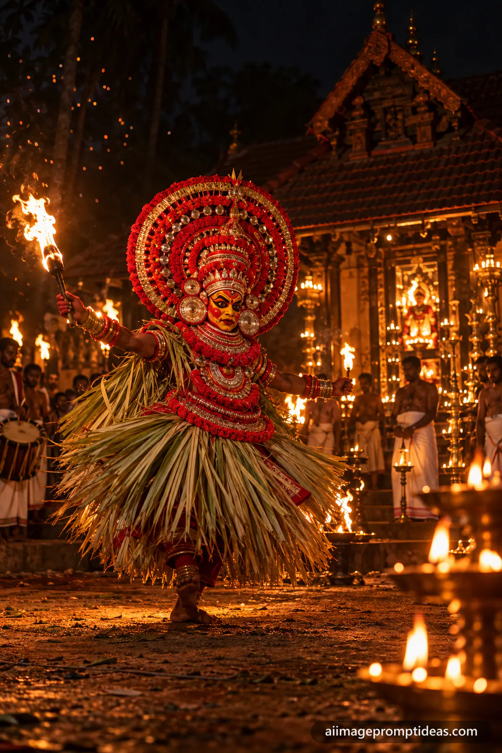 Theyyam performer with a huge red headdress dancing by firelight at a Kerala shrine, AI generated