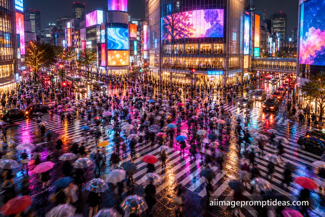 Busy Tokyo scramble crossing at night in the rain with umbrellas and neon reflections, AI generated