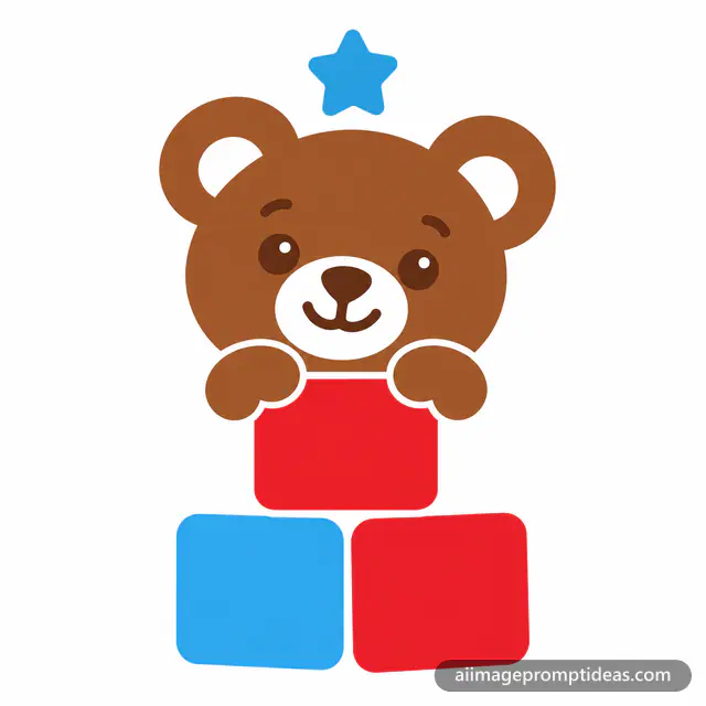 Playful flat vector toy store logo of a teddy bear over building blocks, AI generated