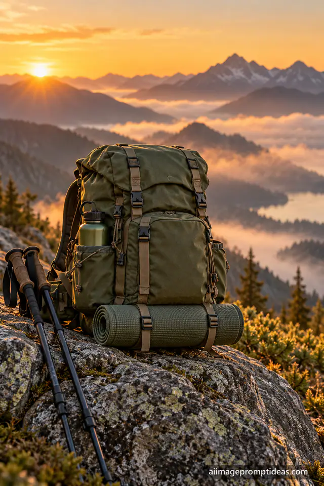 Olive green travel backpack resting on a rock at a misty mountain viewpoint at sunrise, AI generated