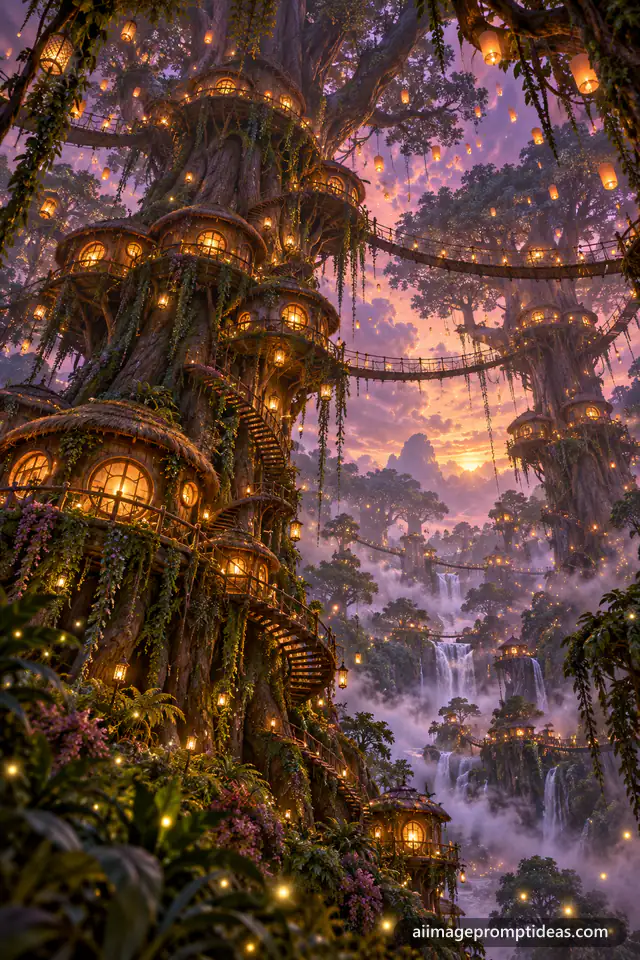 Fantasy treehouse village in giant trees with rope bridges and glowing lanterns at dusk, AI generated